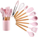 キッチンツールセット キッチン用品 シリコンスパチュラ 12点セット 木製シリコンスパチュラ 調理器具 製菓器具 台所用品(ピンク)
