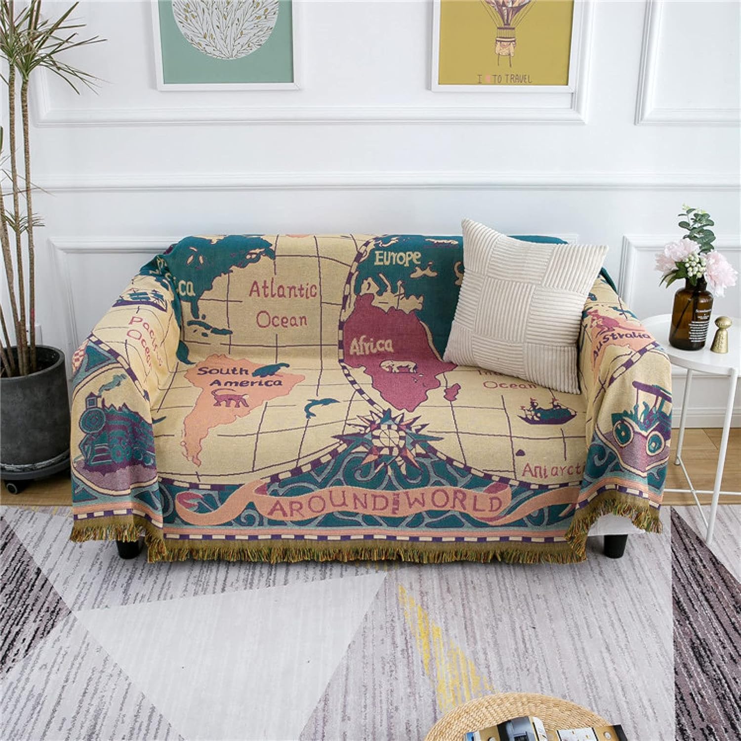 マルチカバー ソファーカバー 北欧風 二人 三人 四人掛け 世界地図 ラグマット 室内マット ブランケット コーナーソファーカバー おしゃれ 多機能 ベッドカバー フリンジ付き ベッドカバー ラグ 毛