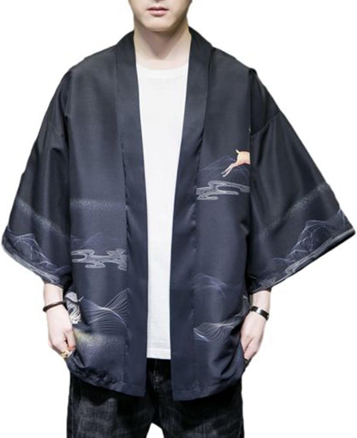 メンズ アウター 和式パーカー 夏 七分袖シャツ プリント 和柄 カーディガン 着物 羽織トップス ゆった..