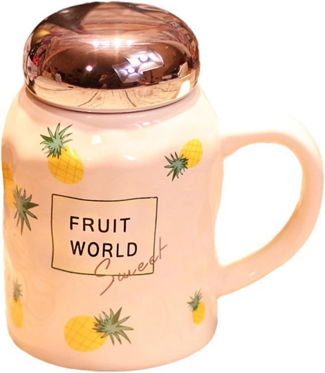 マグカップ 可愛い 果物 パイナップル柄 大きめ 480ml 蓋付き オフィス お茶 牛乳 ティーカップ コーヒーカップ 磁器 耐熱 耐冷 洗いや..