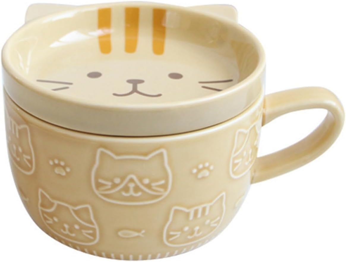 マグカップ可愛い猫柄カーキ蓋付き女...