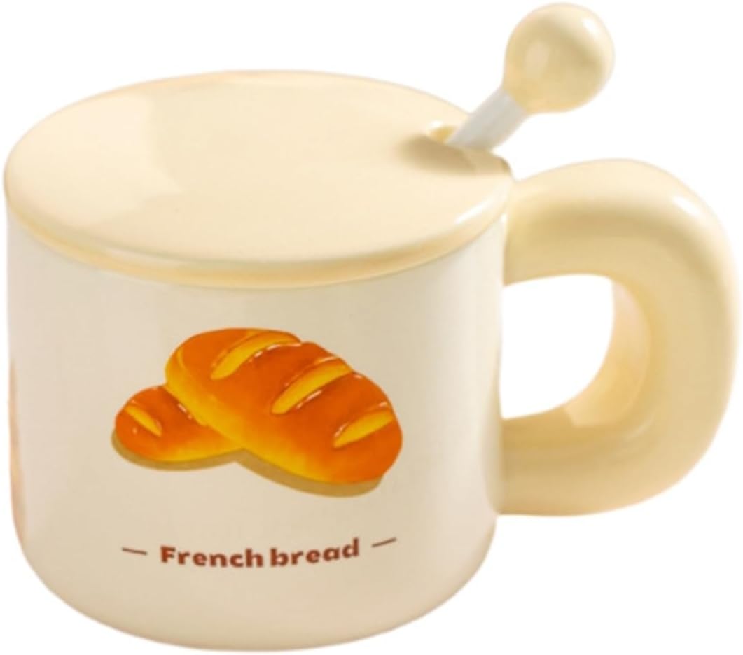 パン柄 マグカップ コーヒーカップ 可愛い セラミック 蓋付き スプーン付き 保温 耐熱 耐冷 電子レンジ?食洗器対応 洗いやすい 食器 ティーカップ コーヒー お茶 牛乳 女性 記念日 贈り物 大き