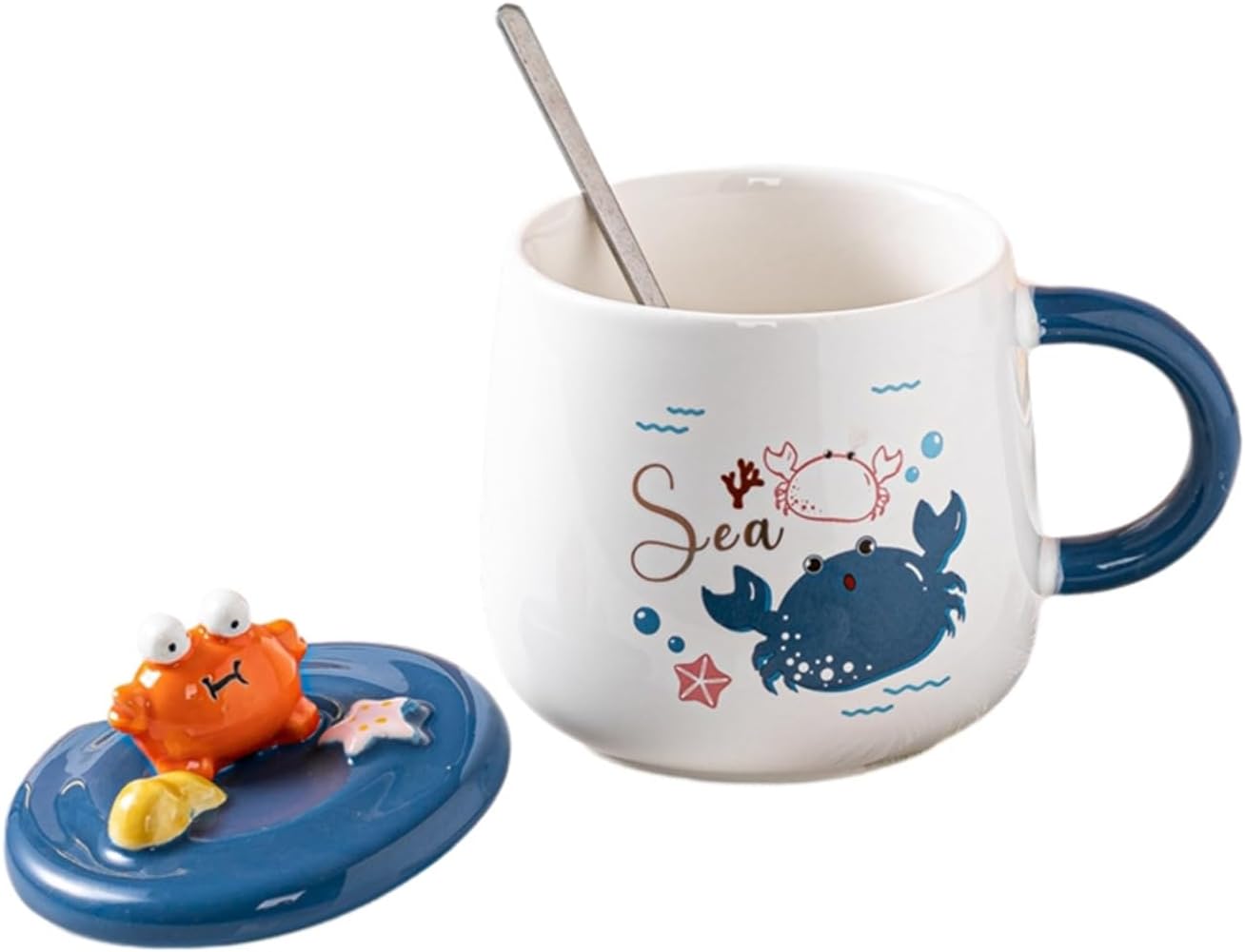 マグカップ ティーカップ セラミック カニ 白 可愛い コーヒーカップ 蓋付き スプーン付き 保温 耐熱 ..