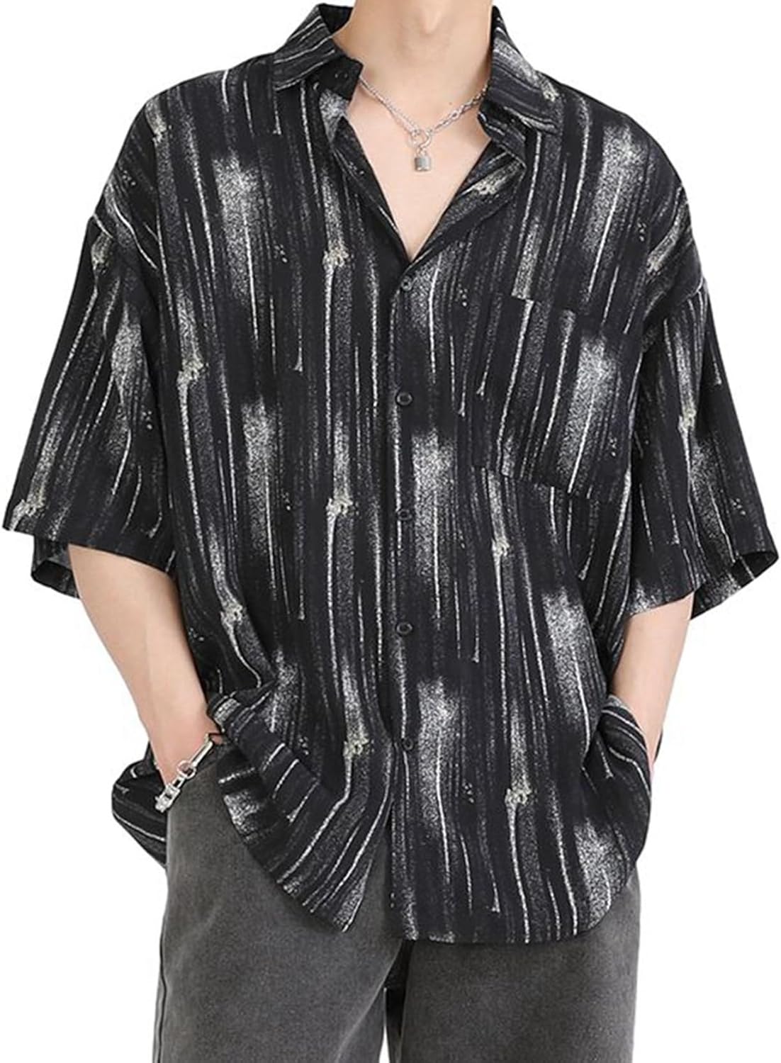 メンズ カジュアルシャツ 夏 レトロ ダークスタイル ストライプ柄 ゆったり 折り襟 トップス ビジネス 快適 柔らか 通気速乾 ゆったり オシャレ 日常 ストリート 通勤 通学