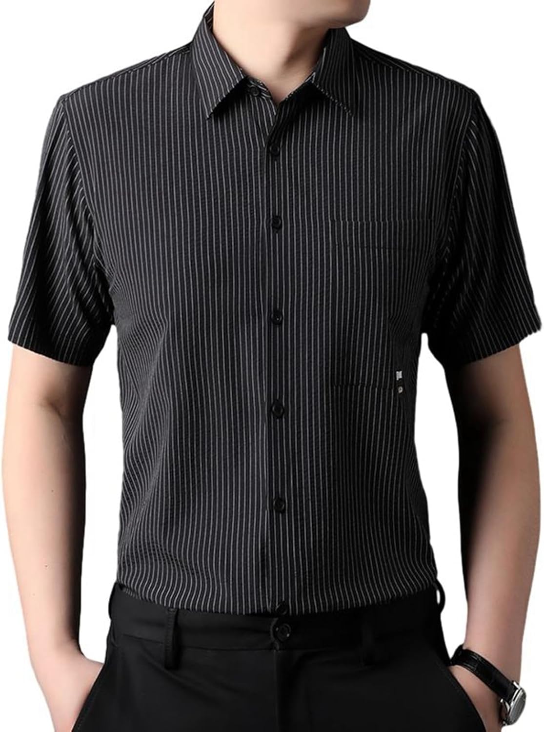 メンズ ストライプシャツ 半袖シャツ カジュアル 夏 ベーシック 折り襟 トップス ビジネス ワイシャツ 肌触りがいい 通気 オシャレ オフィス 通学 通勤 普段着(4)