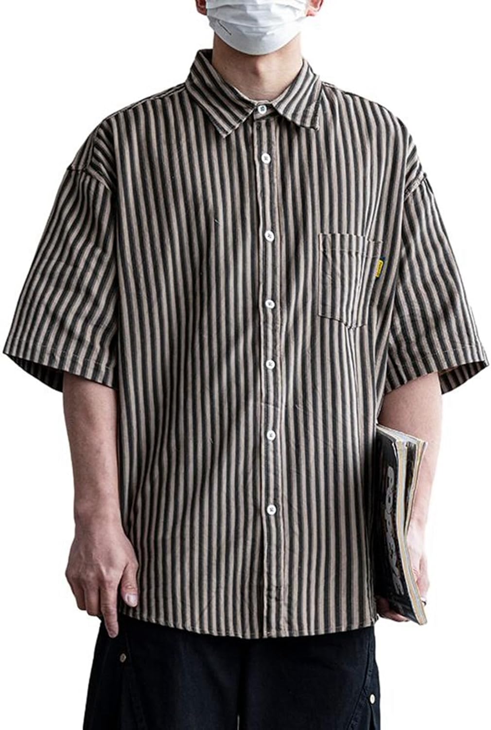 ストライプシャツ メンズ 半袖 夏 レトロ カジュアルシャツ 上着 折り襟 薄手 軽い オシャレ お肌に優しい 吸汗速乾 通気性 ストリート系 通学通勤 普段着 春夏秋冬