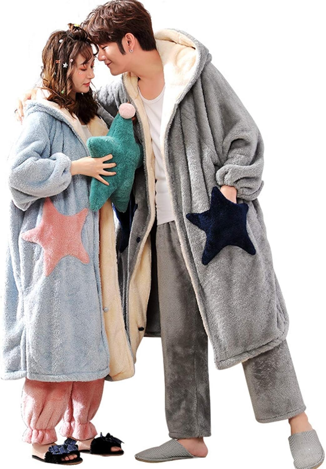 ペアルック ナイトガウン パジャマ 家着 秋冬 フランネル 長袖 ロングパンツ 上下セット レディース メンズ バスローブ もこもこ 暖かい 可愛い フード付き...
