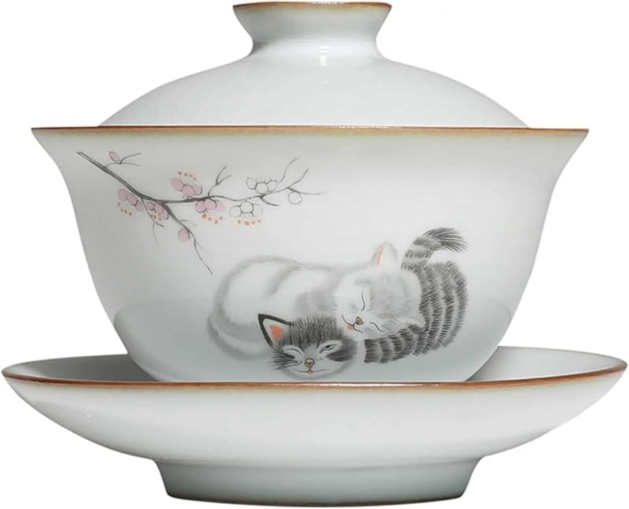手?蓋碗 中国茶器セット 茶碗 中国の茶道具 蓋碗 手描きのセラミック ネコ パターン かわいい