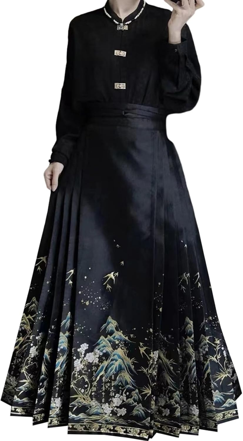スカートスーツ 中華風 民族風 春夏秋冬 S～XL 上下2点セット 漢服 唐装 セットアップ おしゃれ きれいめ 長袖 ロング丈 チャイナ服 ?面スカート cosplay 女性 シャツ&ラップスカート