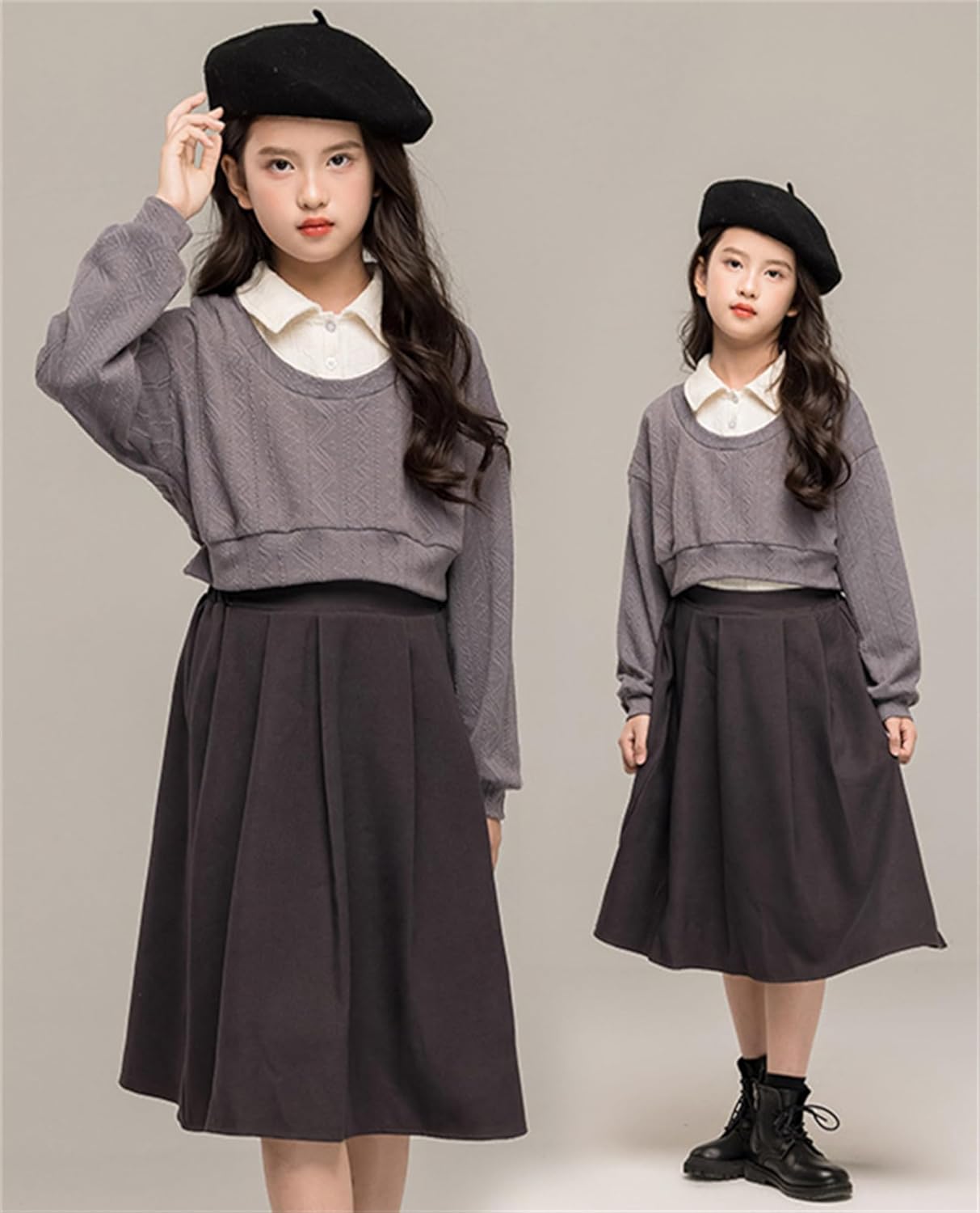 スカートスーツ ガールズ 長袖 ニットパーカー ロングスカート 2点セット 重ね着風 おしゃれ アンサンブル 学院風 ドレス 洋服 通学 発表会 普段着 120-160cm 春秋