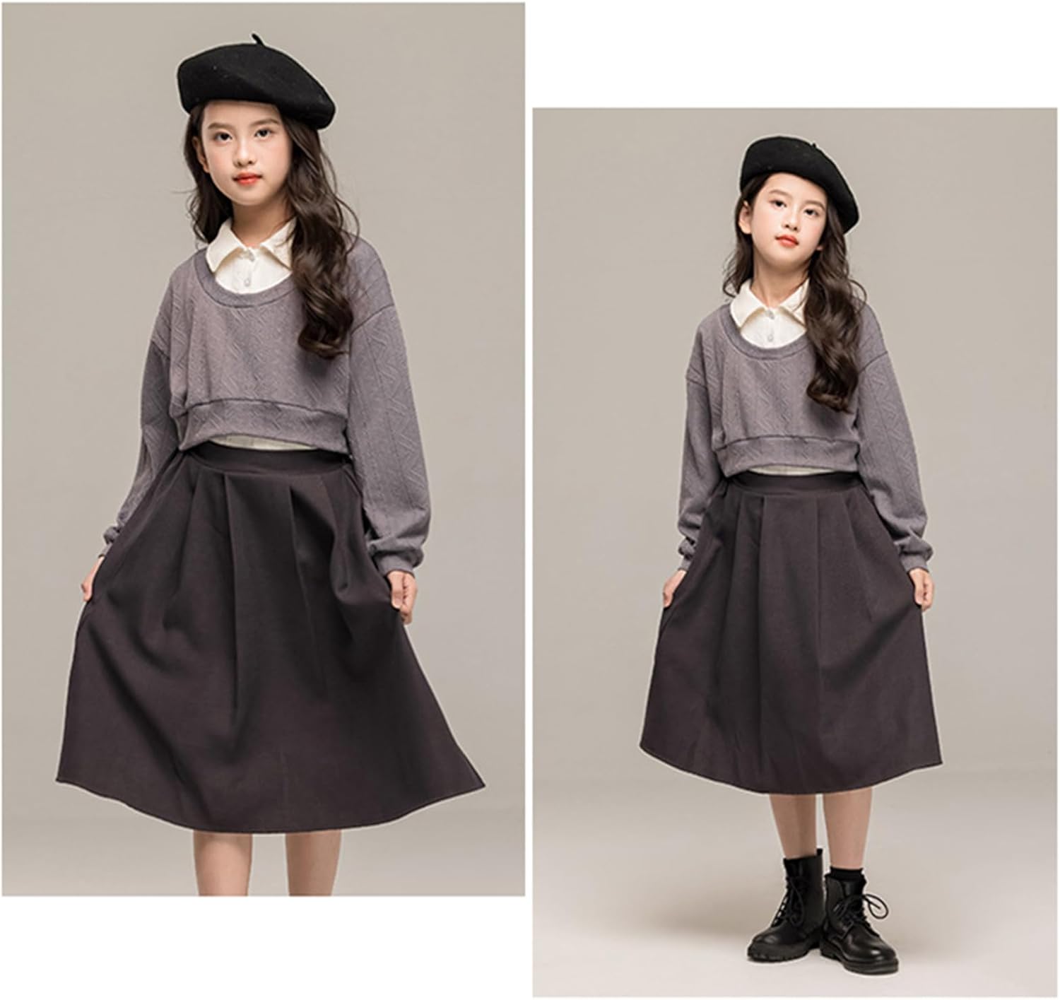 スカートスーツ ガールズ 長袖 ニットパーカー ロングスカート 2点セット 重ね着風 おしゃれ アンサンブル 学院風 ドレス 洋服 通学 発表会 普段着 120-160cm 春秋