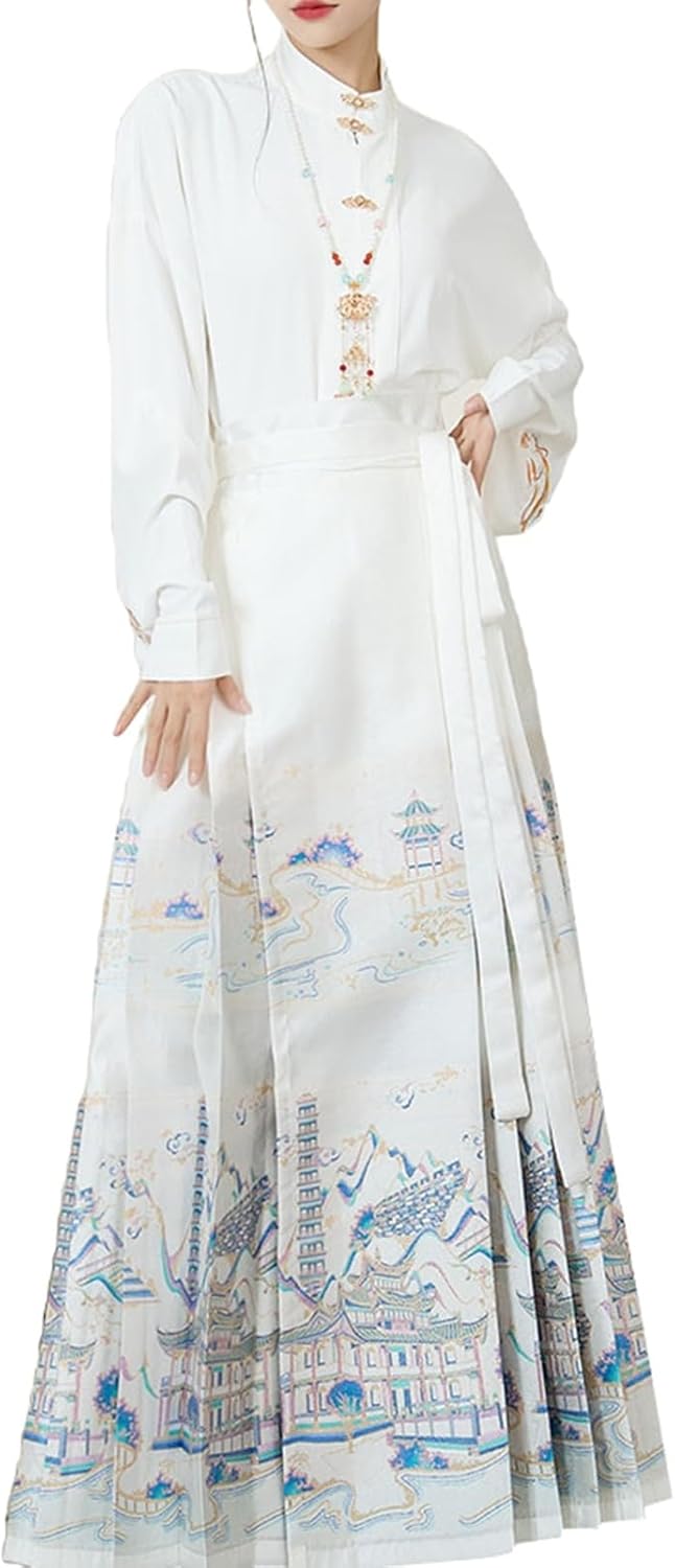 レディース スカートスーツ 上下 2点セット 中華風 セットアップ 春秋 S～XL 漢服 民族風 唐装 おしゃれ きれいめ 長袖 ロング丈 チャイナ服 ?面スカート cosplay 女性 シャツ&ラッ