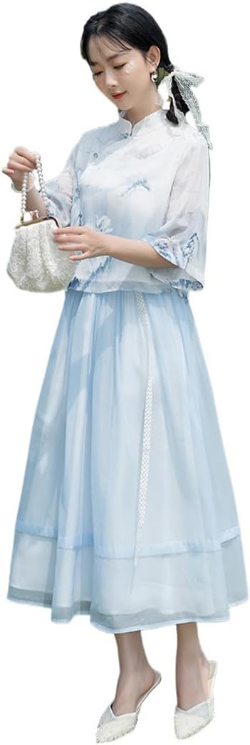 中華風 レディース 2点セット チャイナシャツ チュールスカート チャイナ服 改良ドレス 花柄おしゃれ パーティー 文化祭 学園祭 結婚式 演奏会 春夏秋