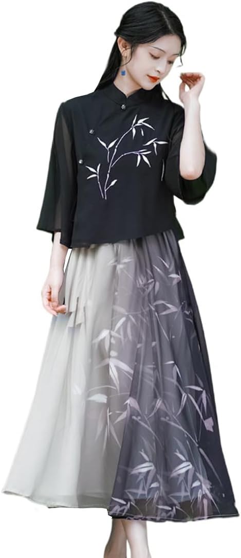 レディーズ トップス スカート チャイナ服 2点セット チャイナシャツ ボトムス 5分袖 立ち襟 水墨プリント 唐装 漢服 中華服 古風 ステージ衣装 仮装 日...