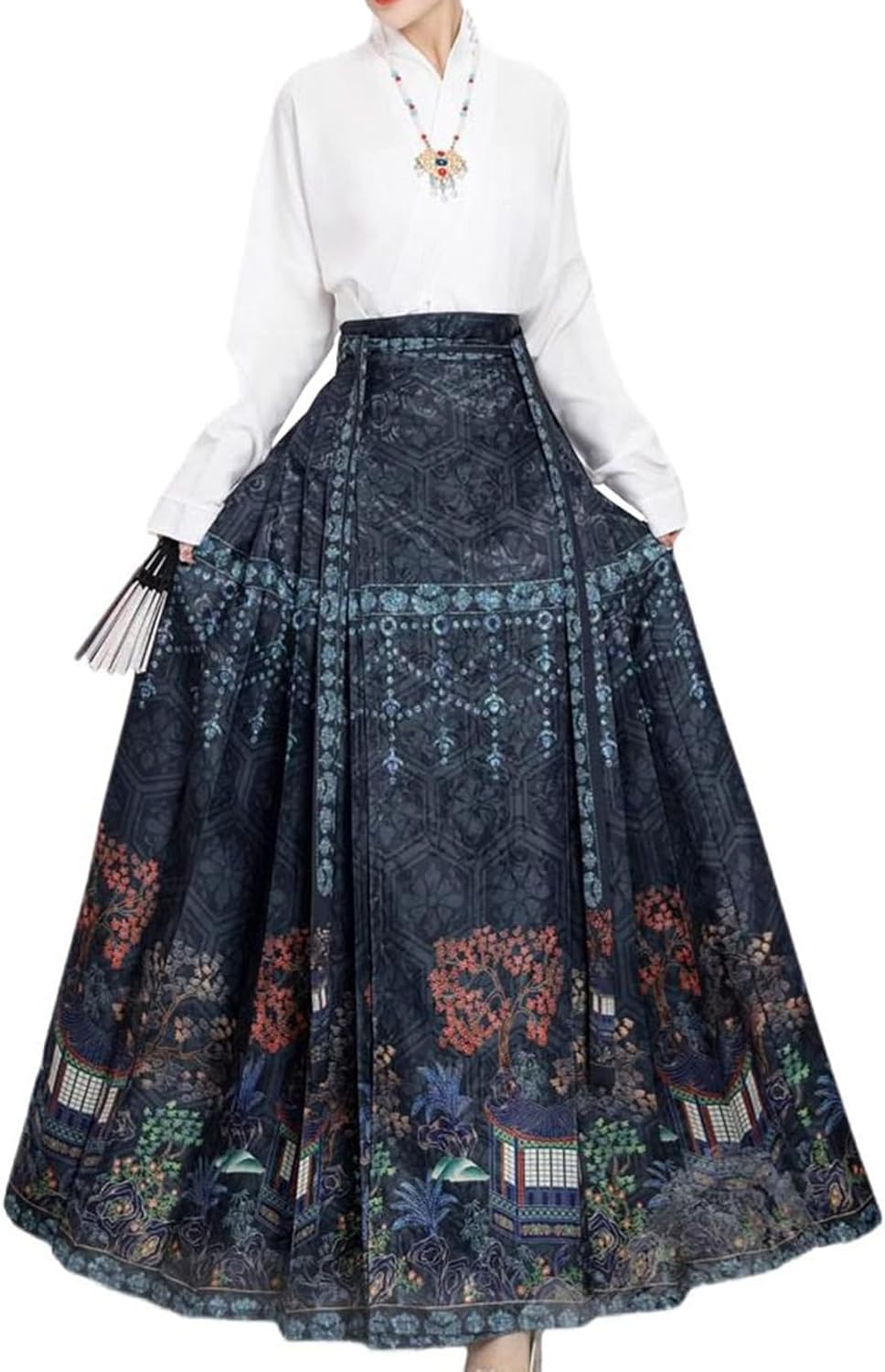 スカートスーツ レディース 上下 2点セット 中華風 セットアップ 春秋 S～XL 漢服 民族風 唐装 おしゃれ きれいめ 長袖 ロング丈 チャイナ服 ?面スカート cosplay 女性 シャツ&ラッ