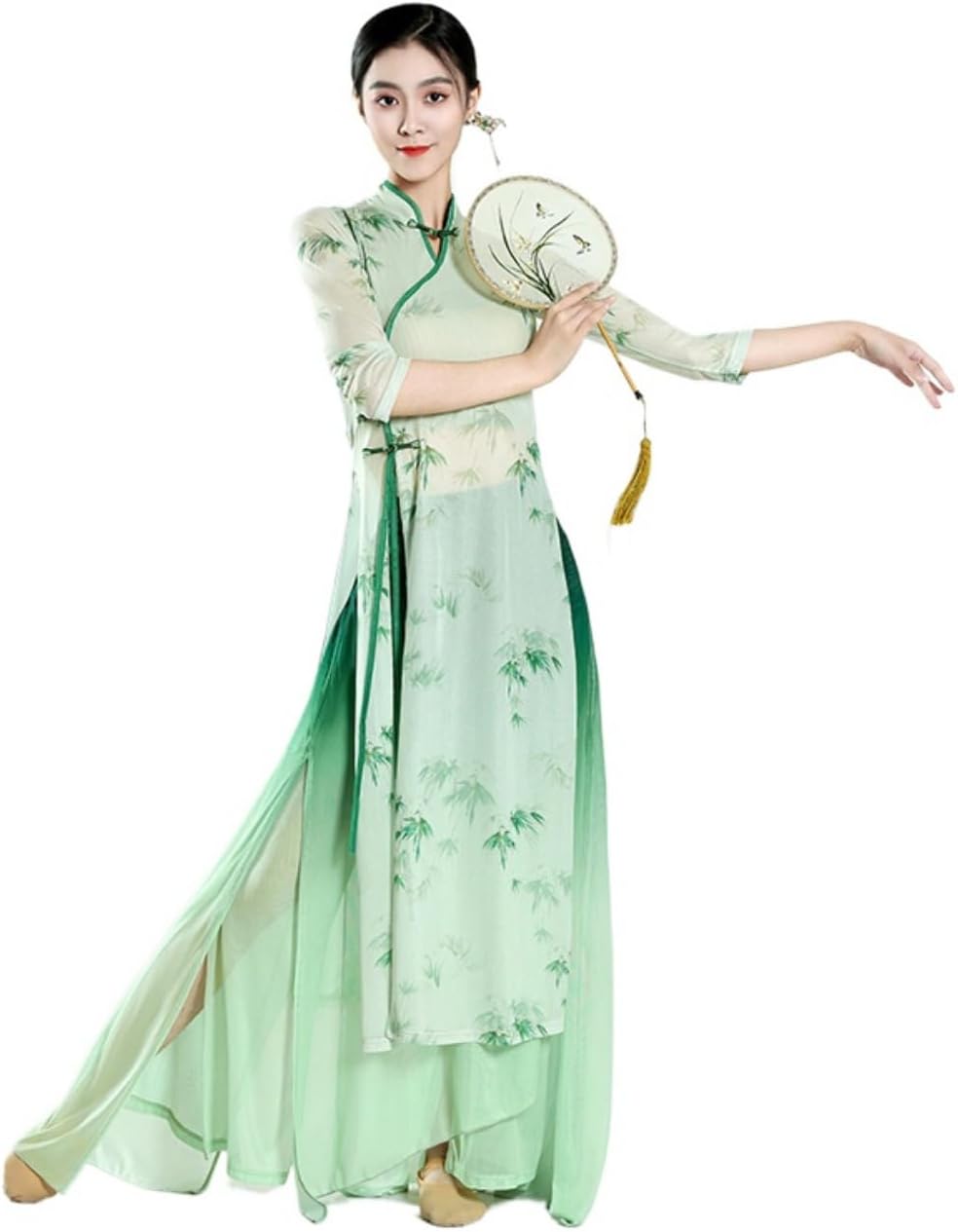 チャイナドレス 中華風 古典ダンス衣装 竹柄 チュール 中華服 ガウチョパンツ ヒラヒラ 漢風 ステージ衣装 古風 エスニック民族風 演出服 学園祭 文化祭 コ...