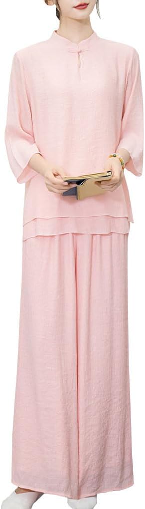 レディース チャイナ シャツ+ワイドパンツ セットアップ トップス ロングパンツ 2点セット 上下セット プルオーバー 夏 カジュアル チャイナ服 中華服 茶師...