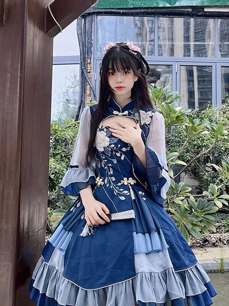 ワンピースブルー 中華風 漢要素 プリンセススカート かわいい 日系ドレス 服 Lolita スカート 衣装 ジ..