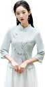 チャイナ トップス シャツ ブラウス レディース チャイナ服 茶師服 花柄 刺繍 綿麻 チャイナ風 Tシャツ 上着 唐装 カジュアル 中国風 七分袖 カットソー スリム 中華風 民族風 茶服 春 夏