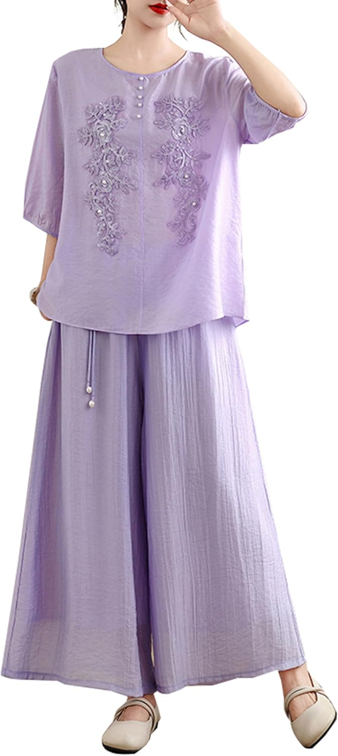 セットアップ トップス レディース 刺繍 花柄 夏 半袖 ブラウス シャツ ワイドパンツ ロング ガウチョ..