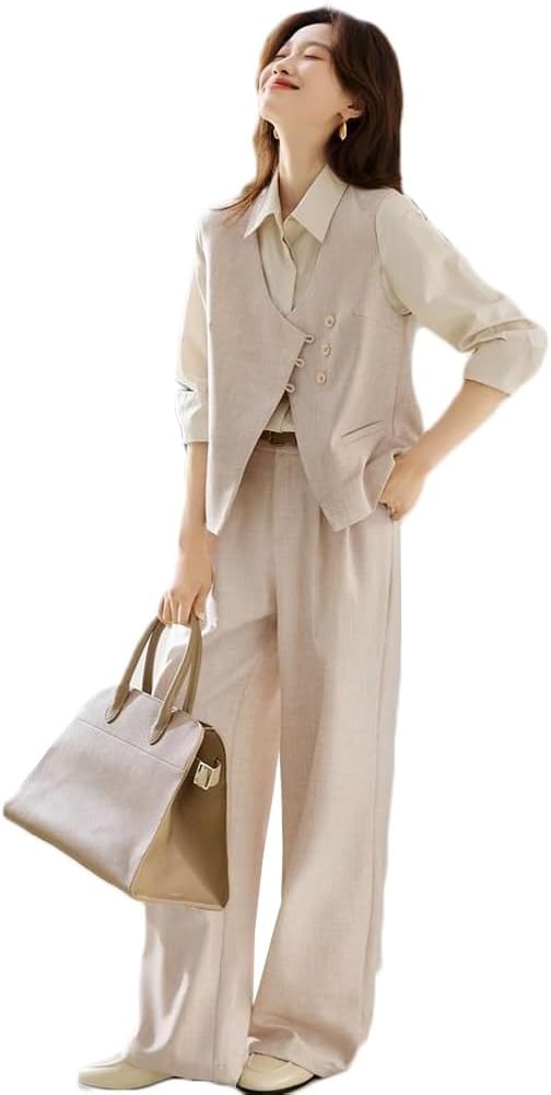 レディース 上下 2点セット パンツセット ベスト ワイドパンツ 春 夏 秋 ノースリーブ Vネック 無地 シンプル 着痩せ おしゃれ きれいめ フォーマル ビ...