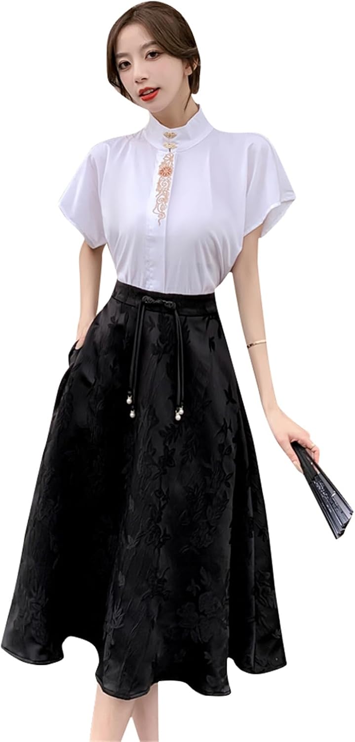 チャイナ風 レディース 夏服 セットアップ シャツ＆スカート 2点セット 半袖 シャツ フレアスカート ジャカード 広幅 刺繍 立ち襟 ミモレ丈 チャイナボタン付き 通勤 通学 夏服