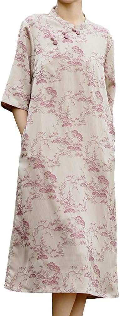 レディース ワンピース 民族風ワンピース チャイナドレス 夏 中国風 ミモレ丈 5分袖 立ち襟 ジャカード ゆったり 体型カバー カジュアル