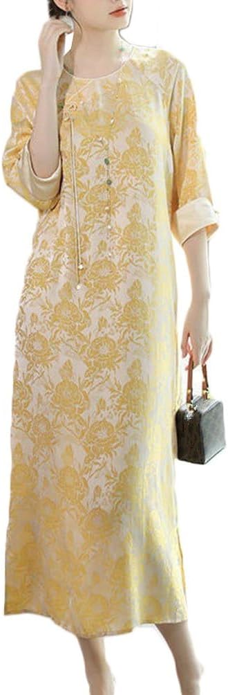 レディース ワンピース チャイナ服 ロングワンピース ドレス 春 夏 秋 七分袖 クールネック 花柄 プリント ゆったり 着痩せ エレガント 中華風 民族風 パーティー 旅行 部屋着 お出かけ 結婚式