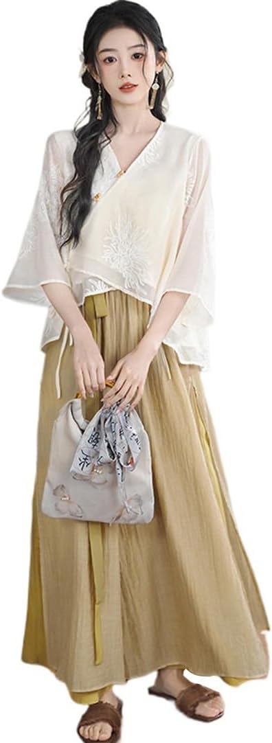 レディース シフォンワンピース 2点セット ドレス チャイナ服 上下セット 刺繍 中華服 改良 チャイナ風 中国風 唐装 漢服 民族風 文芸 ゆったり 日常着用...