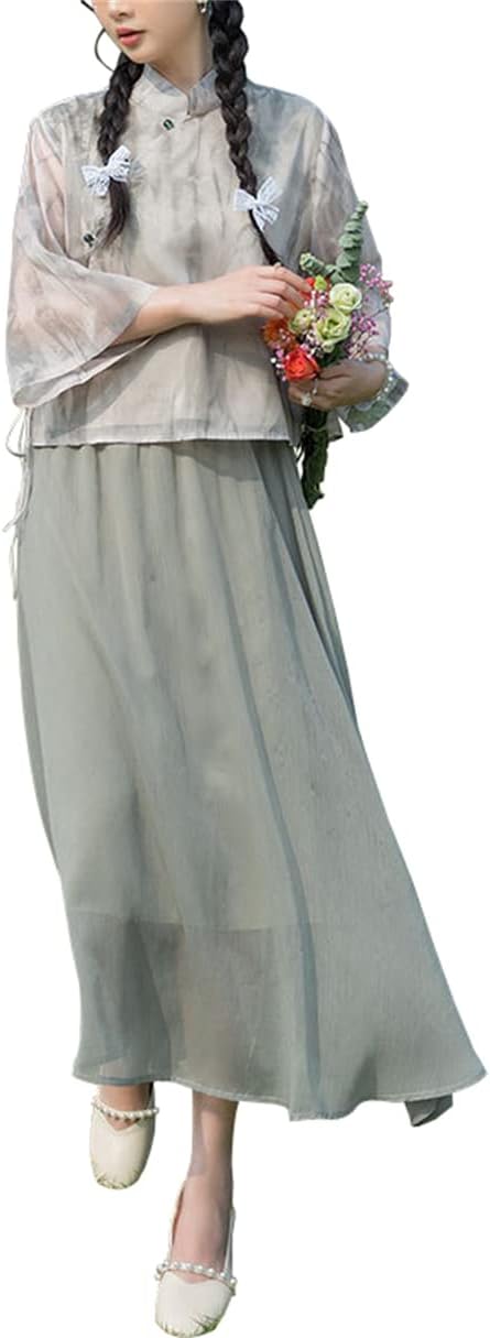 ブラウス スカート レディース セットアップ 2点セット 上下セット チャイナシャツ トップス チャイナ服 チャイナドレス 中華服 チャイナ風 花柄 プリント 中国風 民族風 春 夏