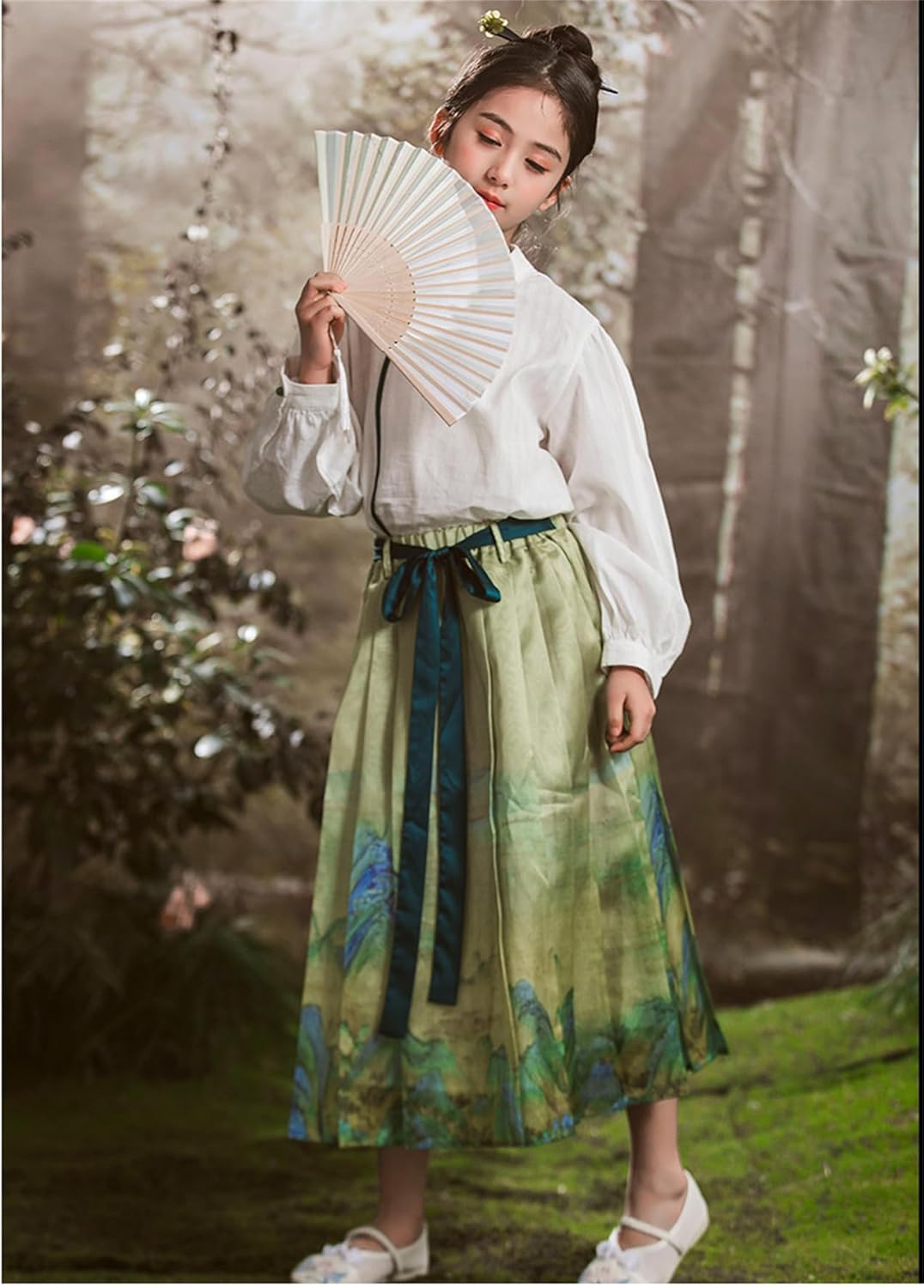 ガールズ チャイナドレス プリンセス ドレス 長袖シャツ プリーツスカート 2点セット 女の子 ドレス ワンピース チュニック 中華服 チャイナ服 民族衣装 唐装 漢服 発表会 写真撮影 120-17