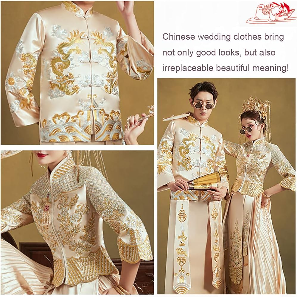 ビンテージドラゴンとフェニックスチャイナ山スーツ、伝統的な中国のウェディングドレス、フリンジカフス、中国のスタンドカラーデザインは、結婚式の写真撮影の小道具として使用できます Women's XXL