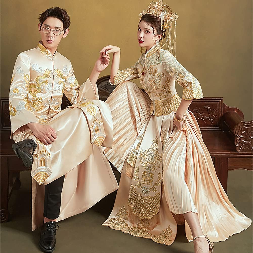 ビンテージドラゴンとフェニックスチャイナ山スーツ、伝統的な中国のウェディングドレス、フリンジカフス、中国のスタンドカラーデザインは、結婚式の写真撮影の小道具として使用できます Women's XXL