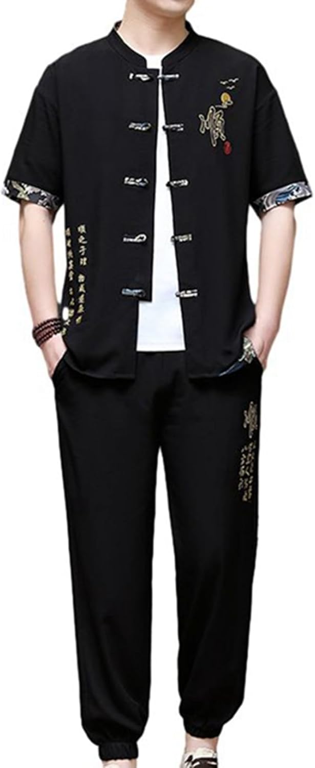 夏服 上下セット 唐装 チャイナ服 文字柄 刺繍 薄手 通気性 チャイナ風 カジュアル ファッション チャイナボタン 速乾性 セット 伝統服 武術シャツ スポーツ デイリー 普段着 お出掛け