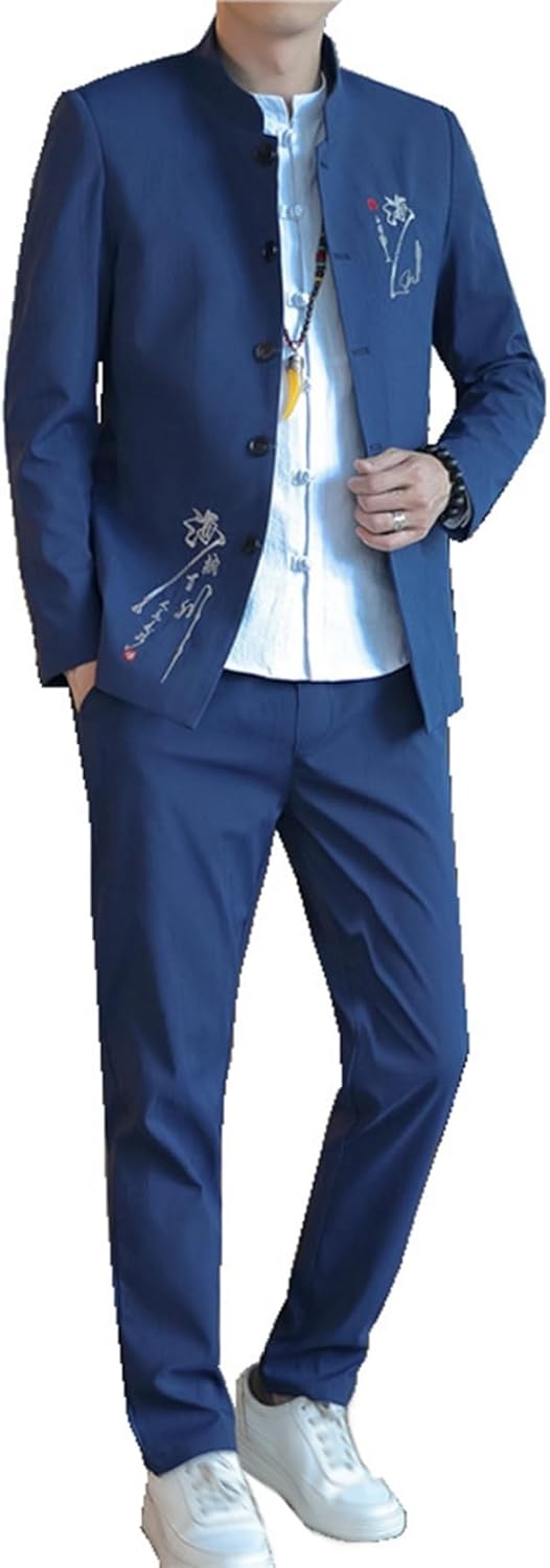 中華風 漢服 メンズ レトロ風 長袖 春秋 セット 刺繍 カジュアル 大きいサイズ フイット スーツ 形態安定 耐久性 着心地良い カッコイイ お洒落 普段着 ビジネス 上下セット 上着 ズボン オー
