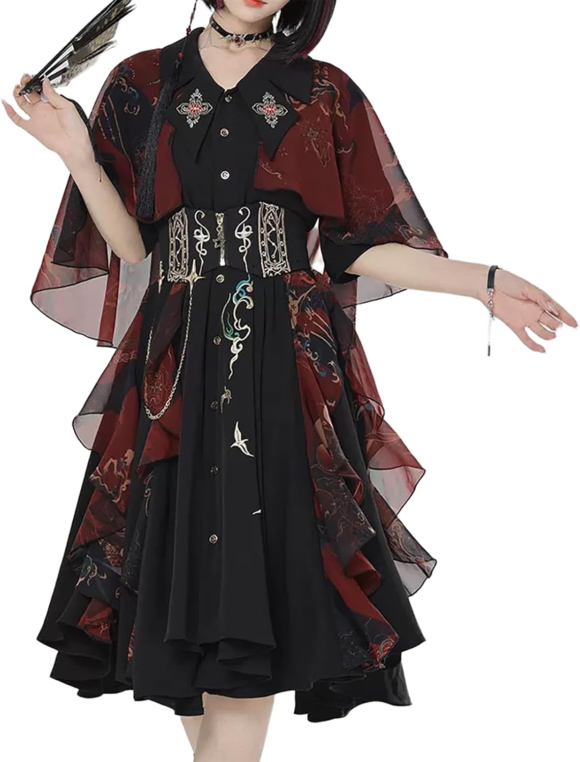 漢服 レディース ワンピース ベルト付き 2点セット 刺繍 コスプレ チャイナ服 袴 衣装 劇場 舞台 ユニセックス 仮装 春 秋 服