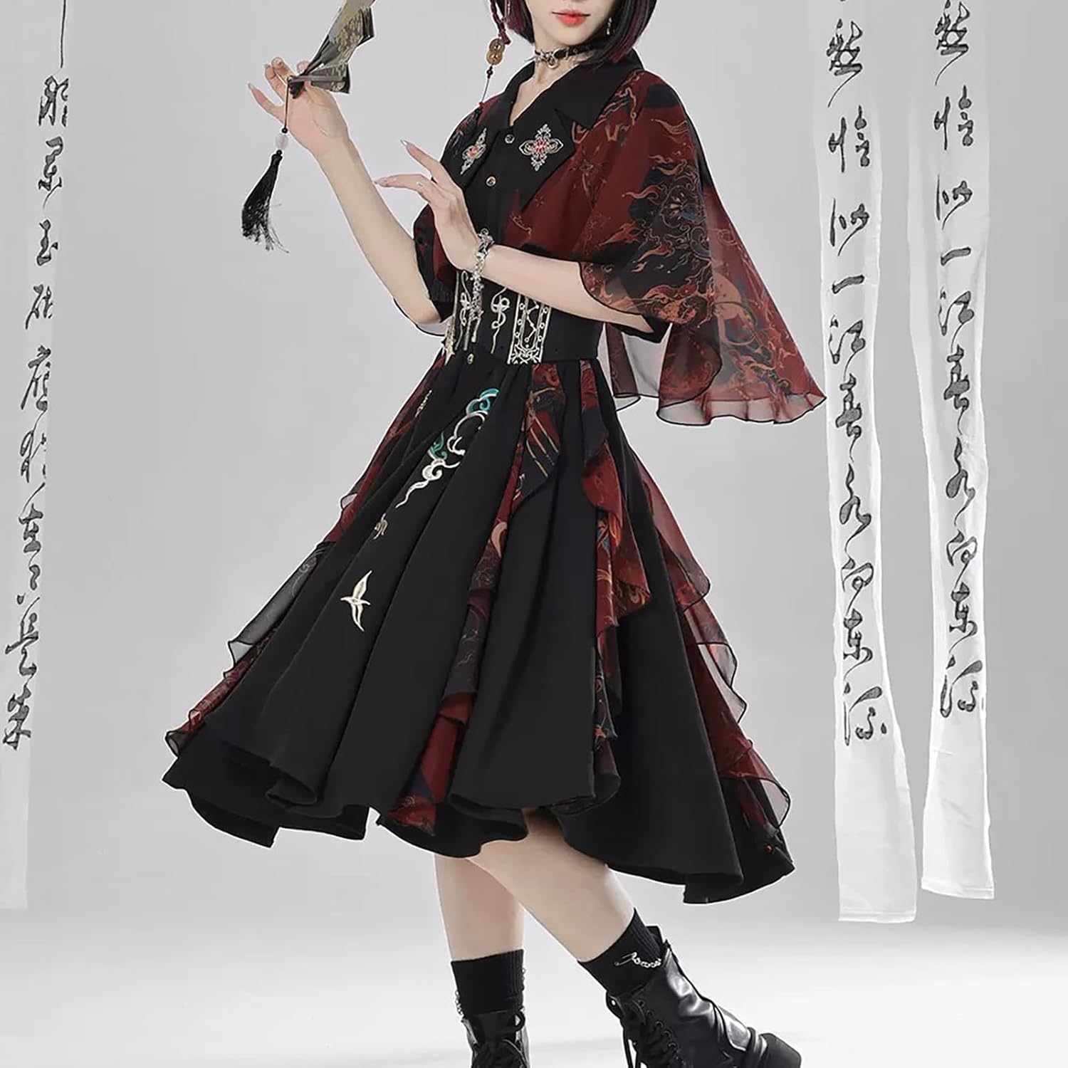 漢服 レディース ワンピース ベルト付き 2点セット 刺繍 コスプレ チャイナ服 袴 衣装 劇場 舞台 ユニセックス 仮装 春 秋 服