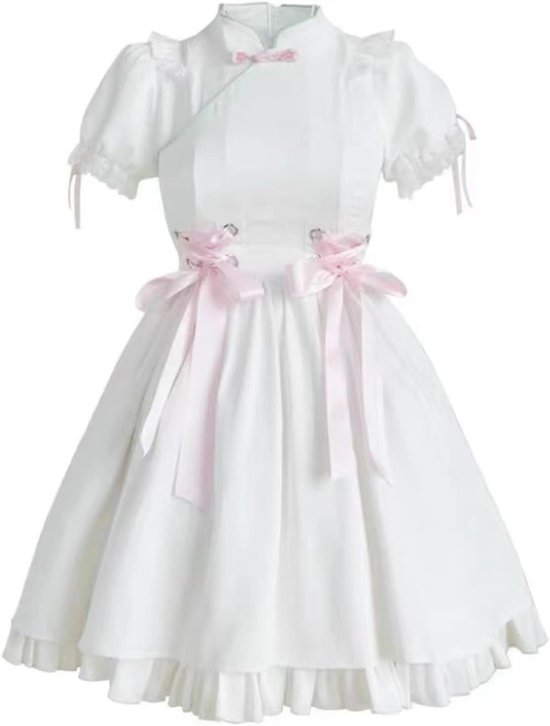 チャイナ ワンピース 中華風 Aライン 半袖 ドレス 仮装 コスチューム 文化祭 学園祭 女性用 ホワイト white S
