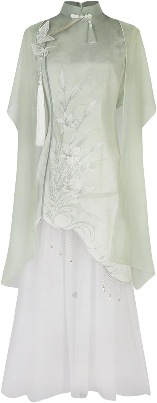 中華風 改良チャイナドレス ワンピース 百合 総 チュール 透けすけ フリル袖 民族風 漢服 半袖 女の子 コスチューム レディース 撮影 喫茶店 イベント パ...