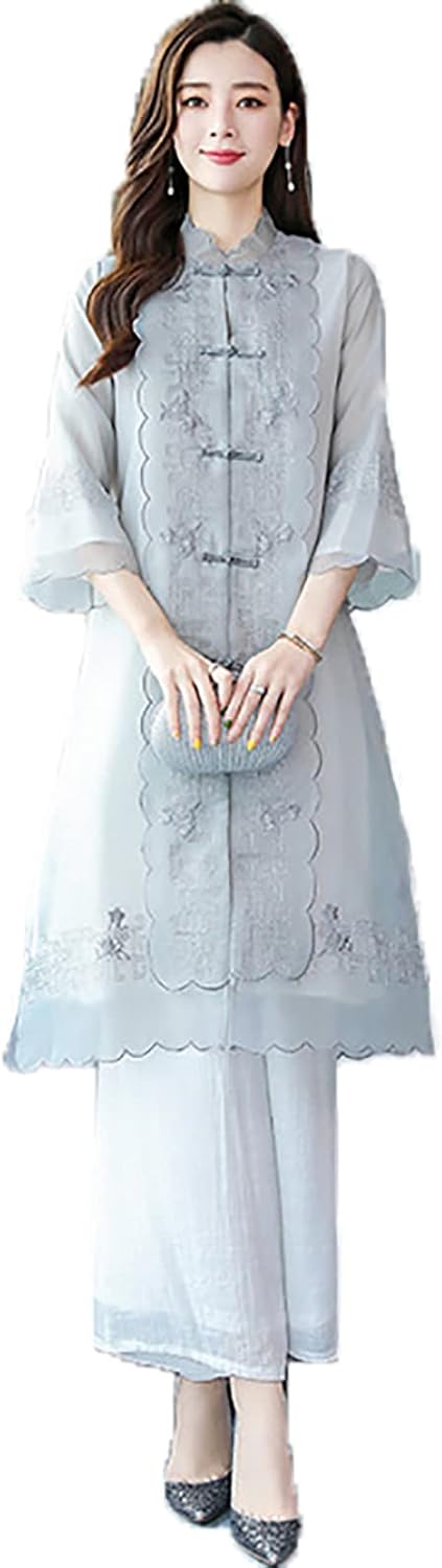 シフォンチャイナドレストップス パンツスーツ女性のパーティーの結婚式のゲストのための正式なヴィンテージ中国風エレガントな春の唐のスーツ