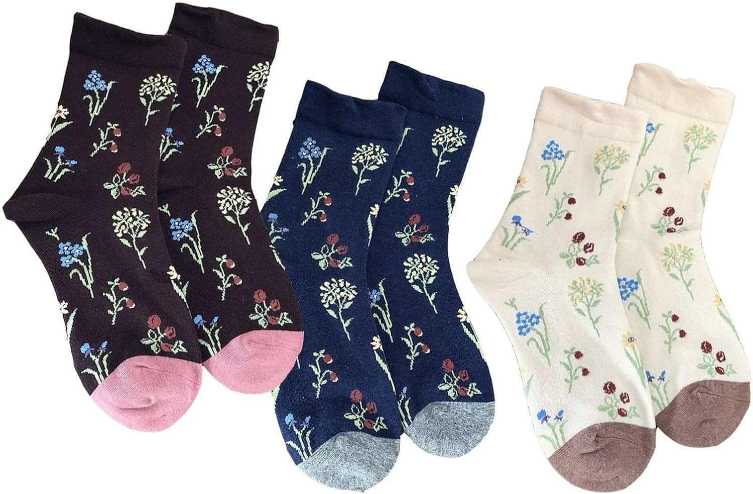 クルーソックス レディース 靴下 かわいい フラワー 花柄 女性 3足セット エスニック柄 春秋