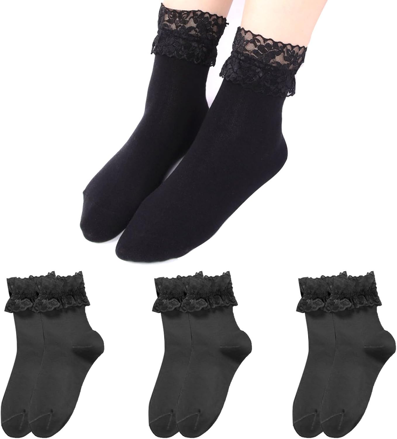 ソックス レディースショートソックス 綿靴下-ロリータ靴下 レースフリル コットンソックス 可愛い靴下 制服用スクールソックス リボンソックス ブラック