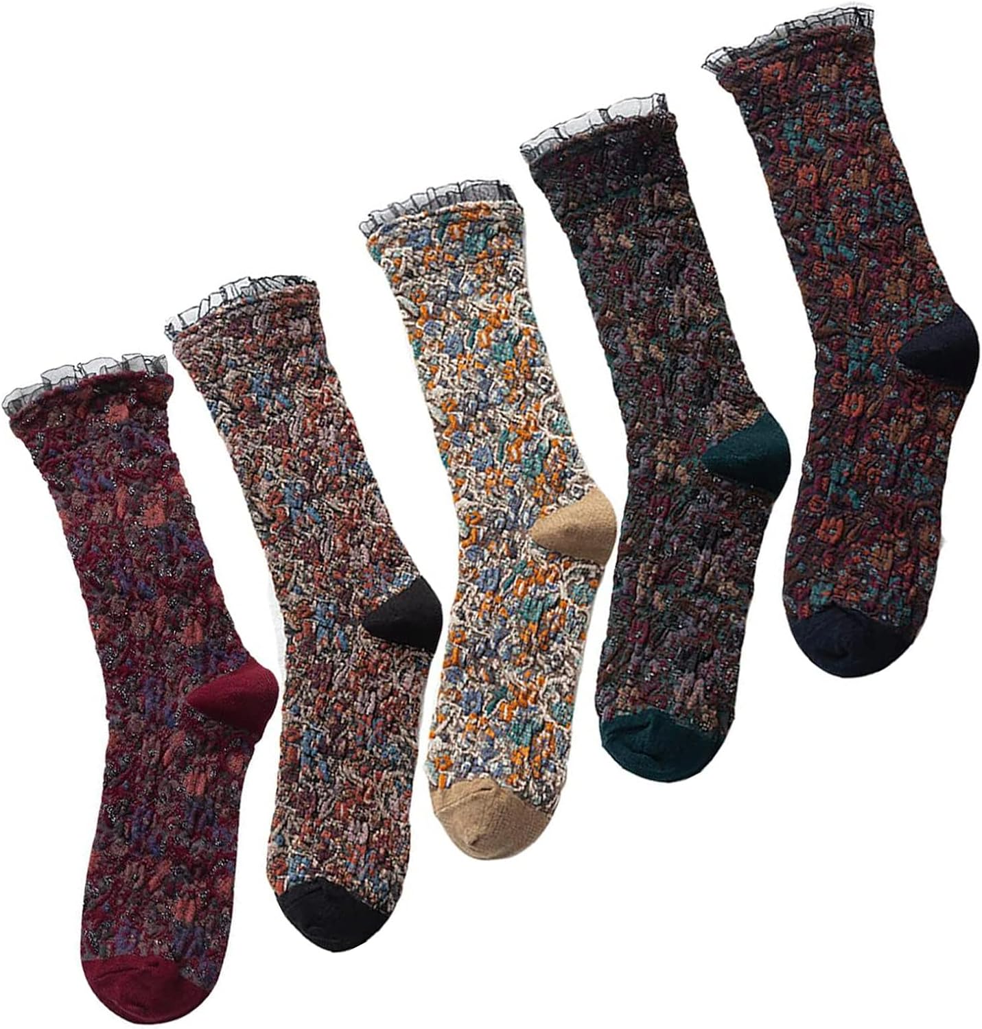 ソックス レディース 5足組 かわいい フリル レース 花柄 刺繍 綿 クールソックス クラシカル 靴下 女..