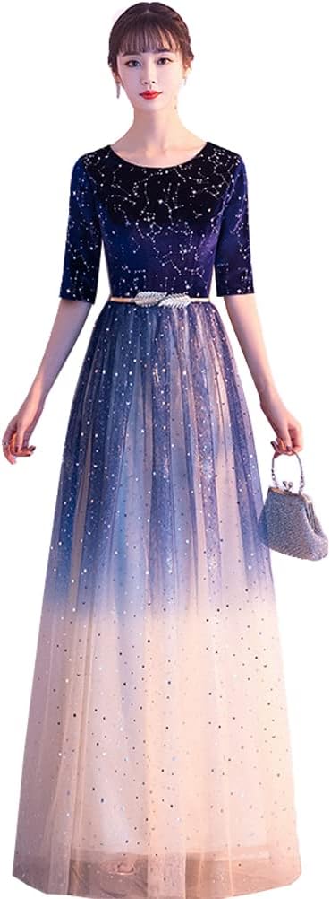 レディース ドレス ワンピース イブニングドレス ロングワンピース プリンセスワンピース レースワンピース チュールワンピース フォーマル 星空 上質 甘い 着痩せ エレガント 演奏会 パーティー V