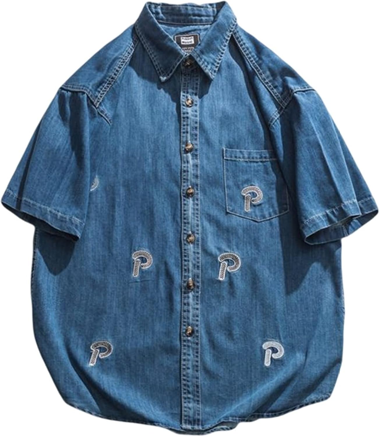 半袖 デニムシャツ メンズ ジャケット ワイド 5分丈袖シャツ 夏服 ストリート 刺繍 快適 柔らかい 折り襟 カジュアルシャツ 開襟シャツ ファッション ルーズ 日焼け防止 通勤通学 普段着 冷房服