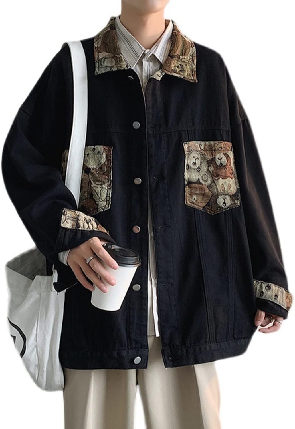 デニムコート 長袖 メンズ 春秋 ジャケット 折り襟 大きいサイズ カジュアル 男性トップス 前開き おしゃれ クマ柄 ファッション あったか ルーズ コート 通勤通学 普段着 冷房服 S〜3XL