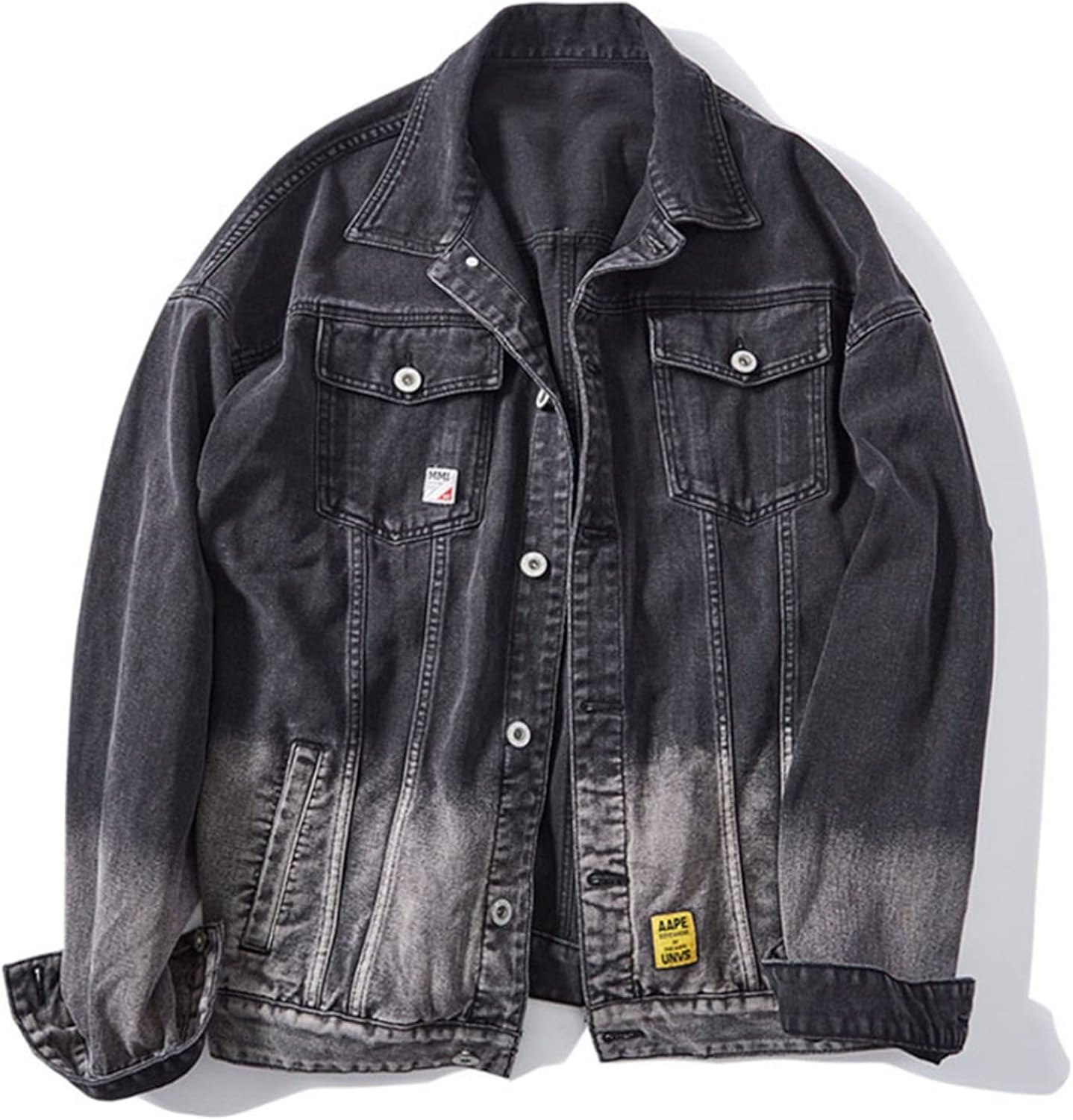 デニムジャケット メンズ オーバーサイズ 体型カバー 春秋 防風 快適 グラデーション かっこいい カジュアル ファッション ブルゾン アウター 通学 通勤 お出かけ 着回し 上着 ブラック(4)