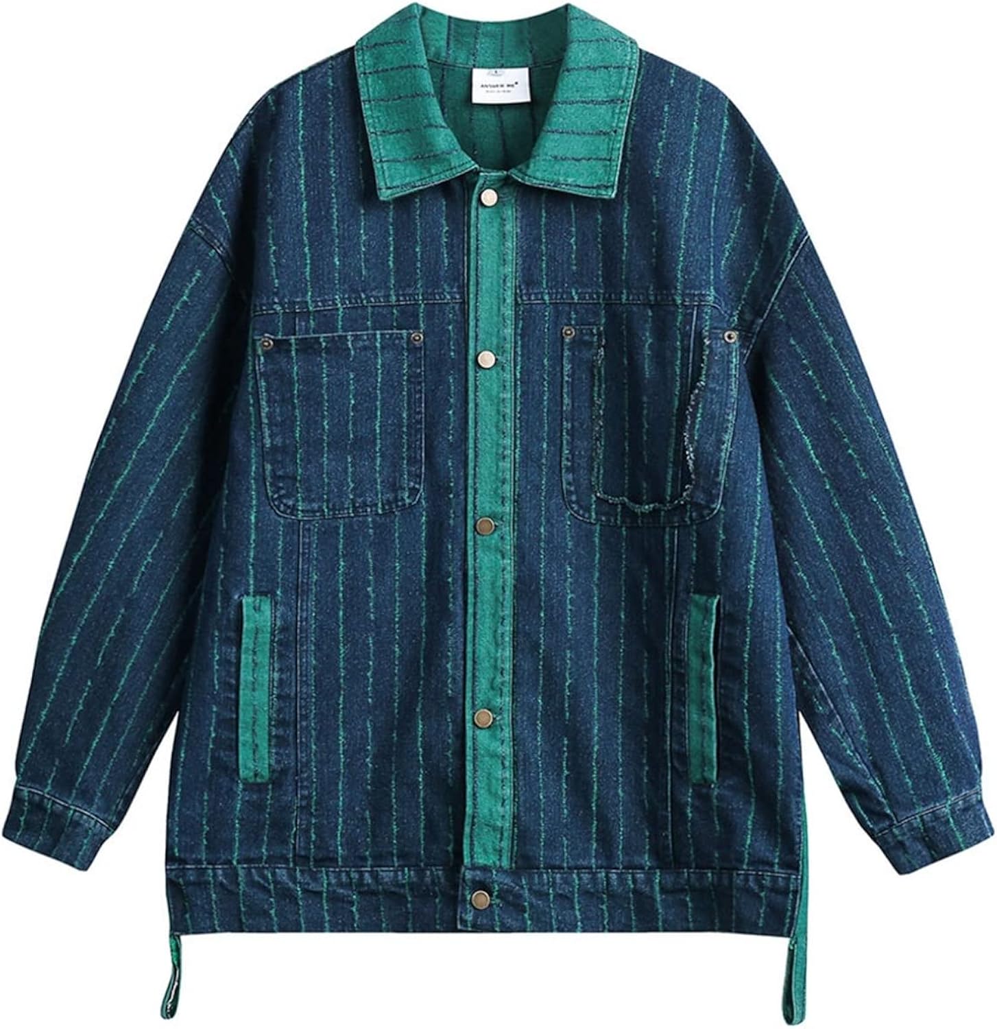 ストライプ ジャン デニムジャケット メンズ レディース グリーン 薄手 春秋 折り襟 快適 カジュアル ヴィンテージ 原宿系 ファッション 着回し ストリート ジージャン 通学 お出かけ