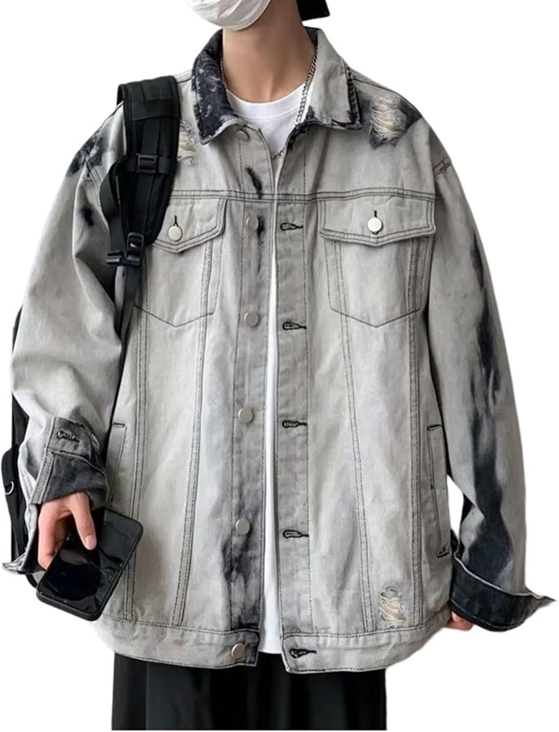 メンズ デニムジャケット アウター グレー 絞り染め ダメージ加工 ヴィンテージ 春秋 防風 カジュアル 着回し かっこいい 原宿系 ジャン ジャンパー 大きいサイズ ストリート 通学 お出かけ