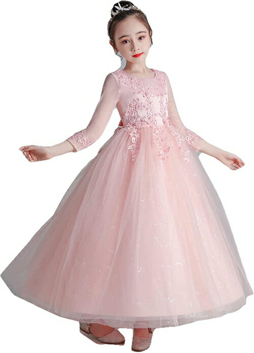 子供 発表会ドレス ロング 半袖 結婚式 演奏会 ピアノ 130 140 150 160 花柄 フラワー キラキラ 良い肌..